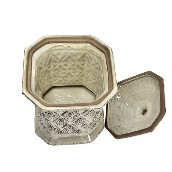 Vintage Ceramic Canister Cookie Jar Cream Kitchen Decor Floral Relief Octagonal - Picture 3 of 9